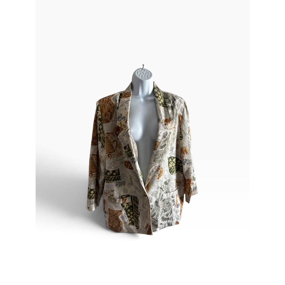 Cricket Lane Blazer 18 Tan Green Vintage Botanical Abstract Linen Blend